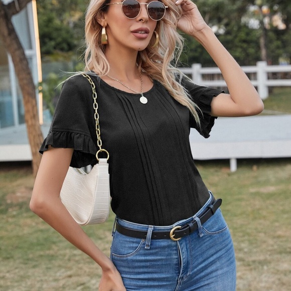 boho ruffle sleeve pleated short sleeve top - Picture 6 of 8